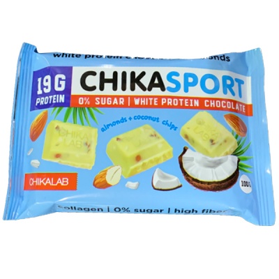Детальное фото CHIKALAB ChikaSport Шоколад белый с миндалем и кокосовыми чипсами (100 гр)